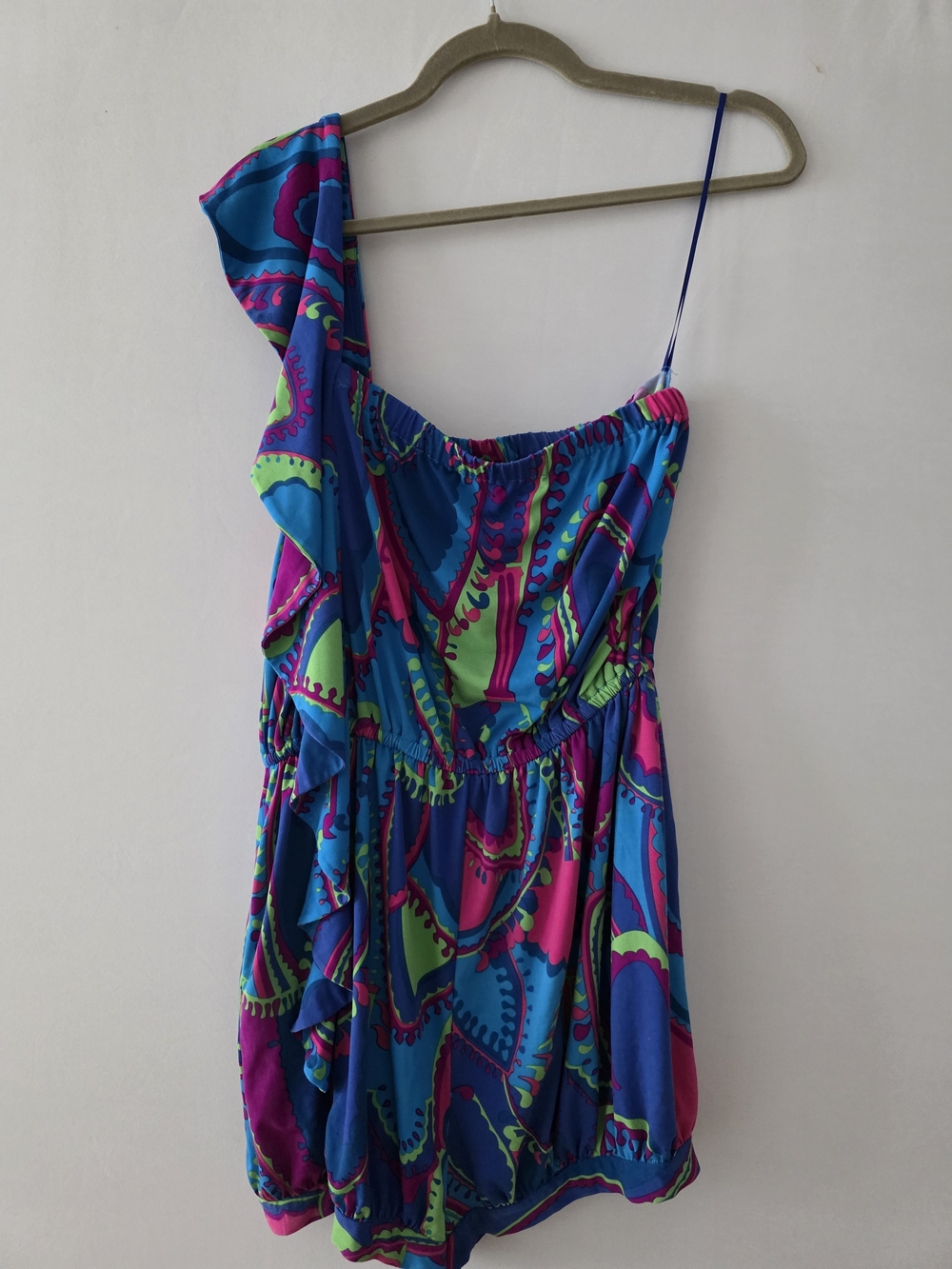 Tibi Blue One-Shoulder Ruffle Bodysuit with Pink & Green Accents